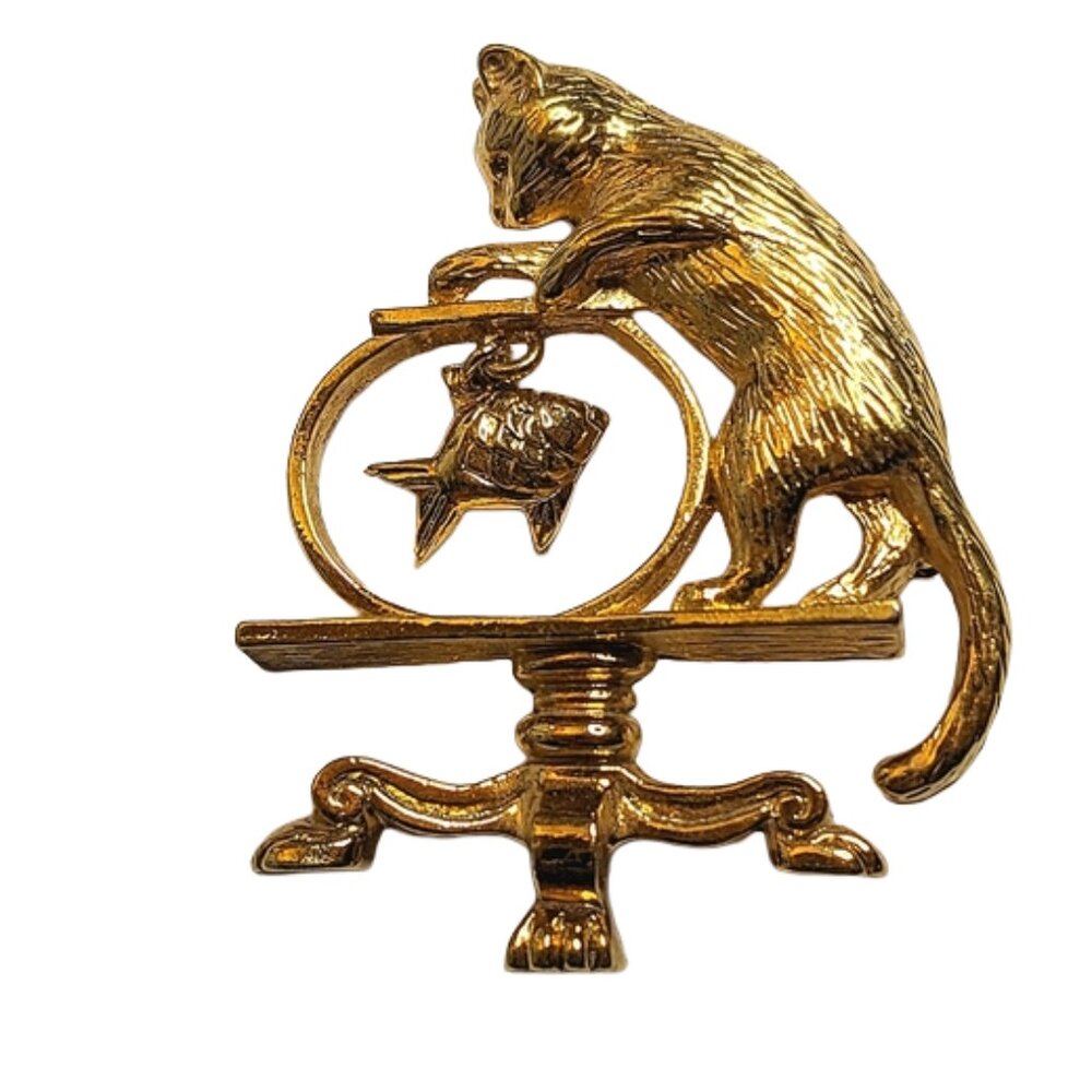 Vintage Avon Cat & Fishbowl‎ Brooch Goldtone